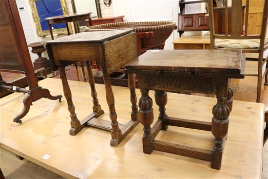 An oak table and an oak stool, W.47cm and W.41cm